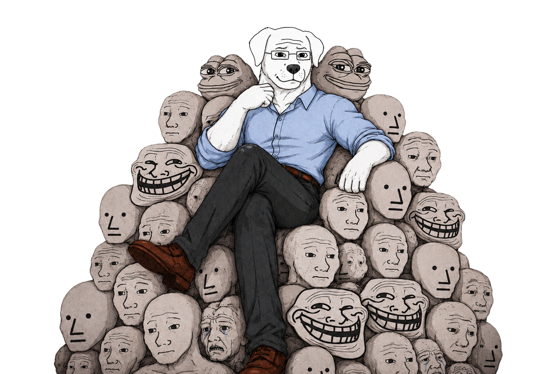 Dogjak seated atop a pile of Wojak, Troll, NPC, and Pepe heads